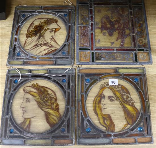 Four Victorian square shaped leaded stained glass panels, three decorated with ladies, the other a bird largest 34 x 29cm